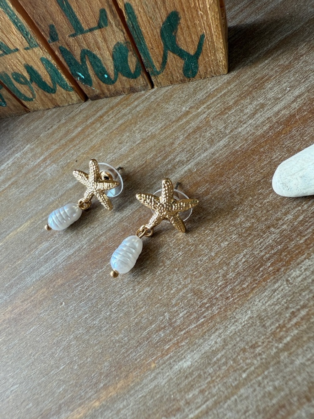 Gold Starfish Pearl Drop Earrings - Picture 6 of 11